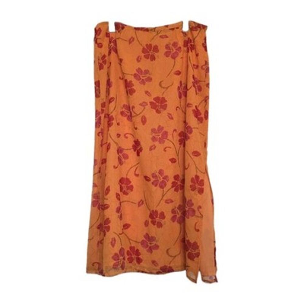 Vintage Floral Midi Skirt Womens 14 Orange Tropical Fairycore Beachy Elastic
